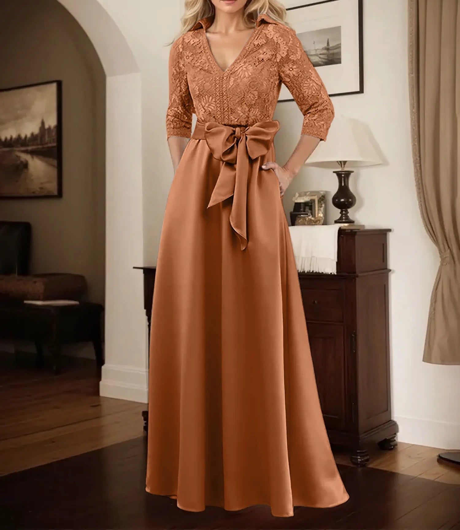Classic V-Neck Bow Accented Satin Mother Of The Bride Dress With Lace