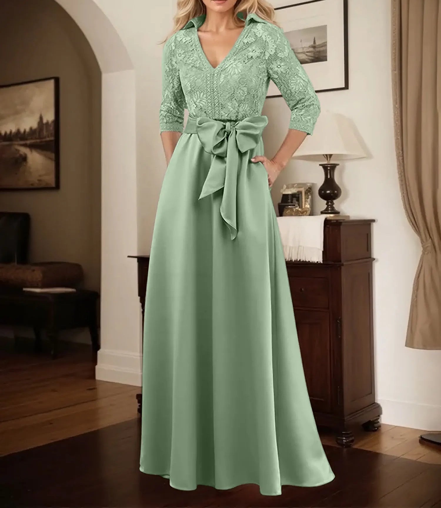 Classic V-Neck Bow Accented Satin Mother Of The Bride Dress With Lace