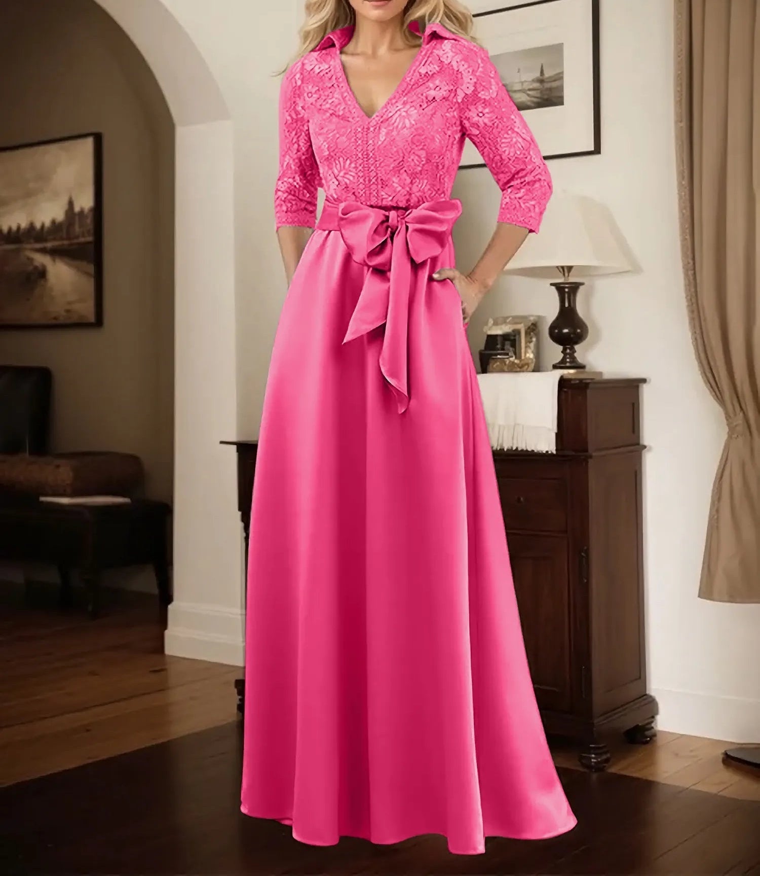 Classic V-Neck Bow Accented Satin Mother Of The Bride Dress With Lace