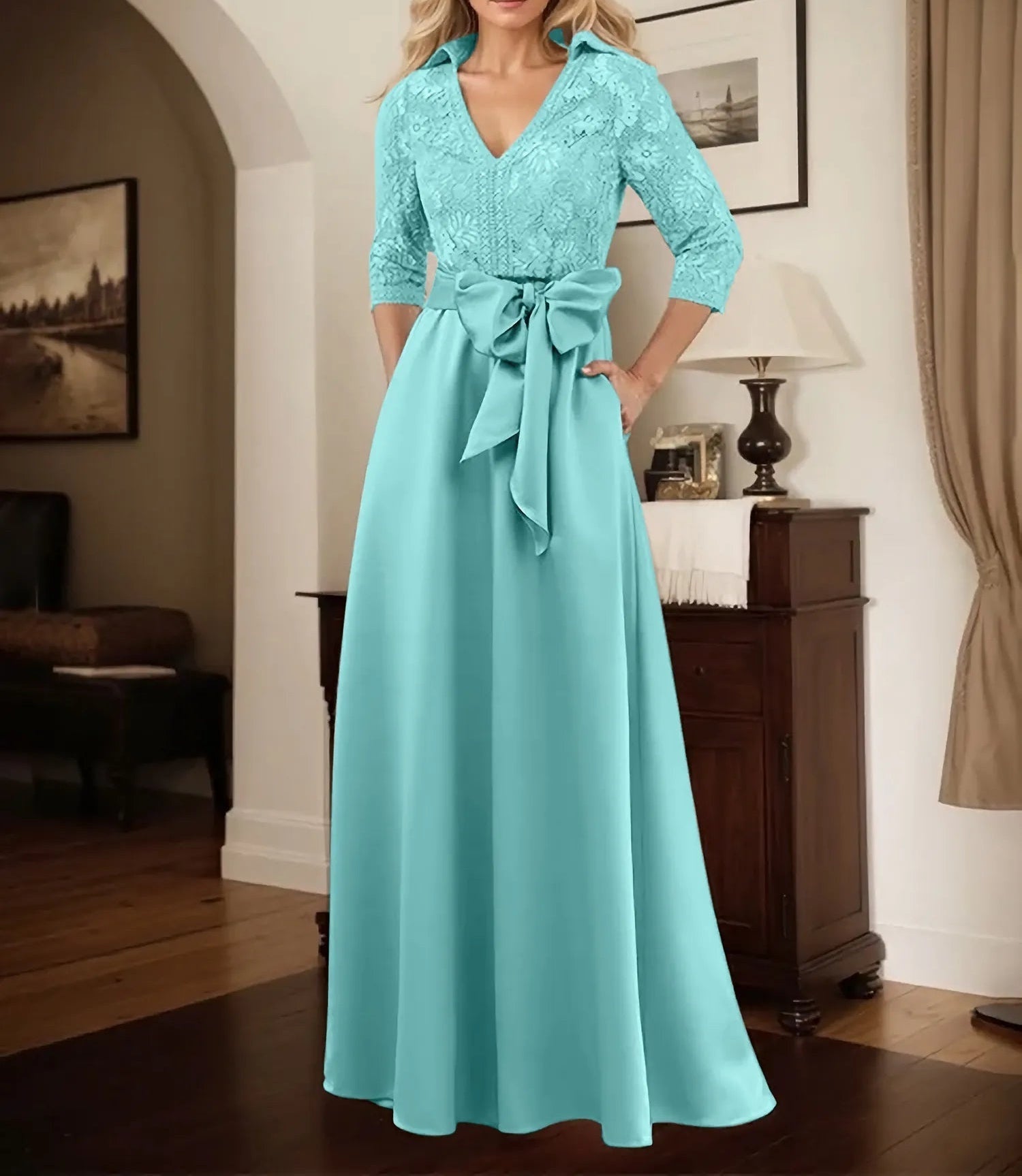 Classic V-Neck Bow Accented Satin Mother Of The Bride Dress With Lace