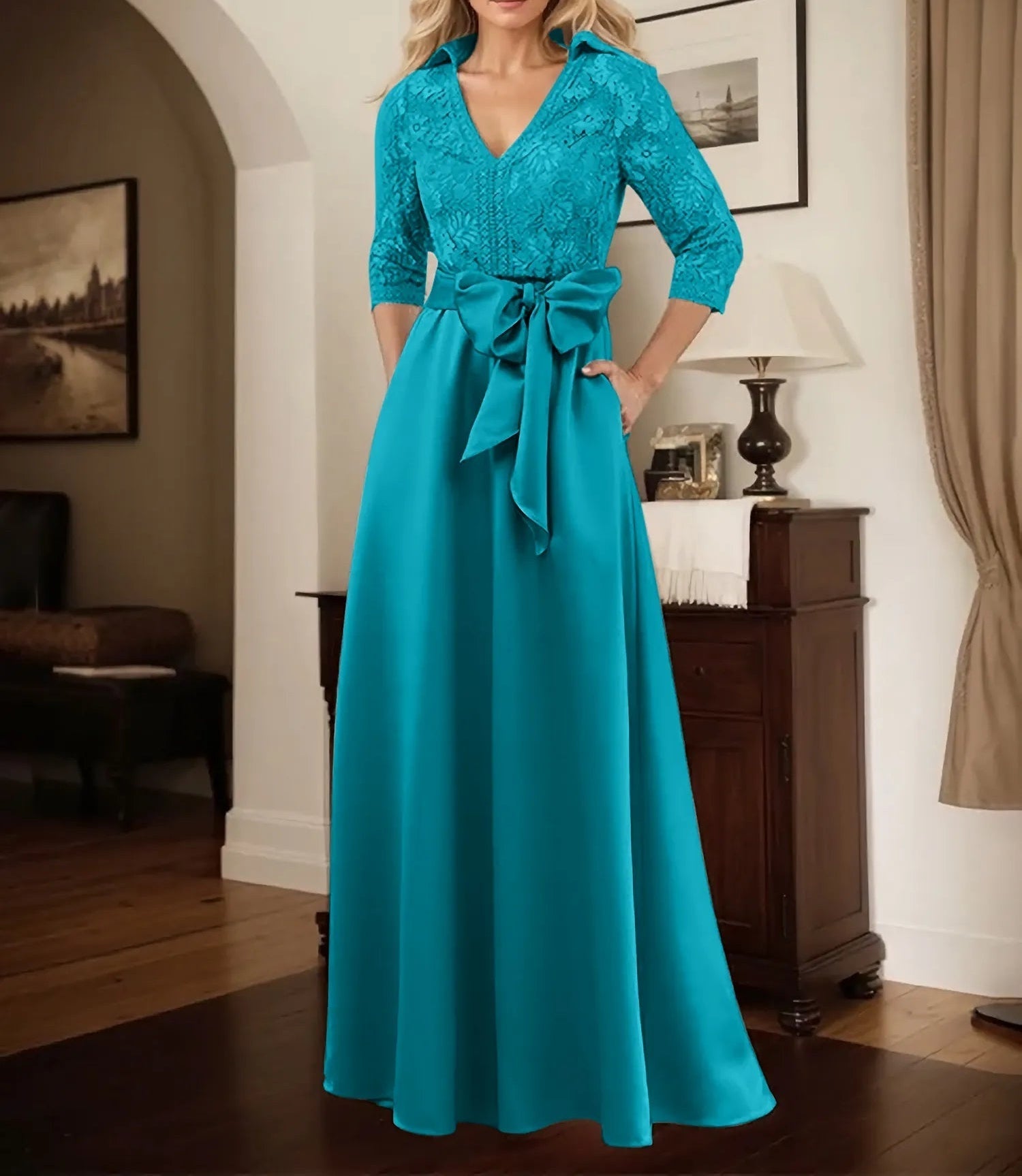 Classic V-Neck Bow Accented Satin Mother Of The Bride Dress With Lace