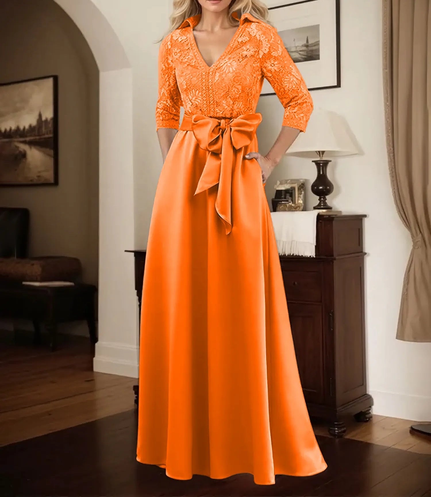 Classic V-Neck Bow Accented Satin Mother Of The Bride Dress With Lace