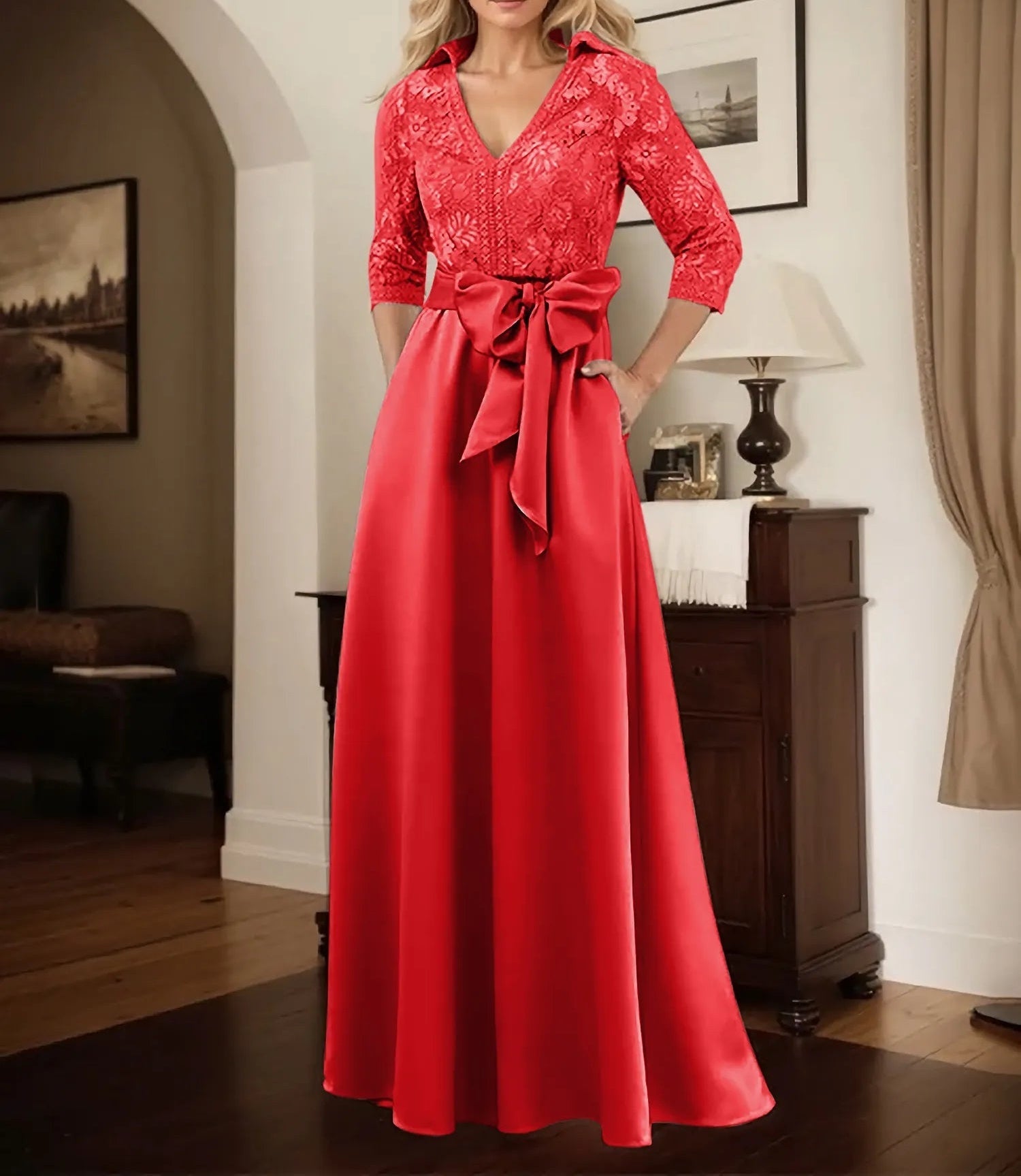 Classic V-Neck Bow Accented Satin Mother Of The Bride Dress With Lace