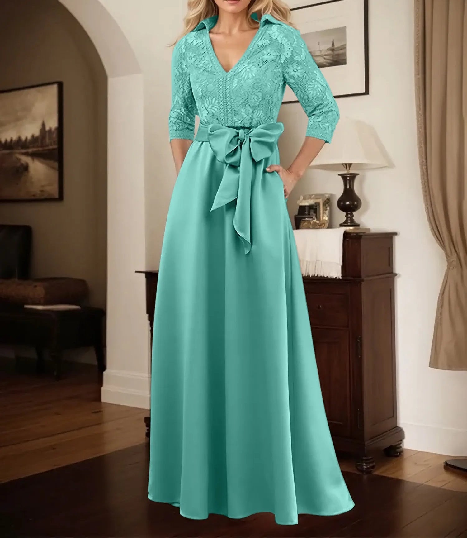 Classic V-Neck Bow Accented Satin Mother Of The Bride Dress With Lace