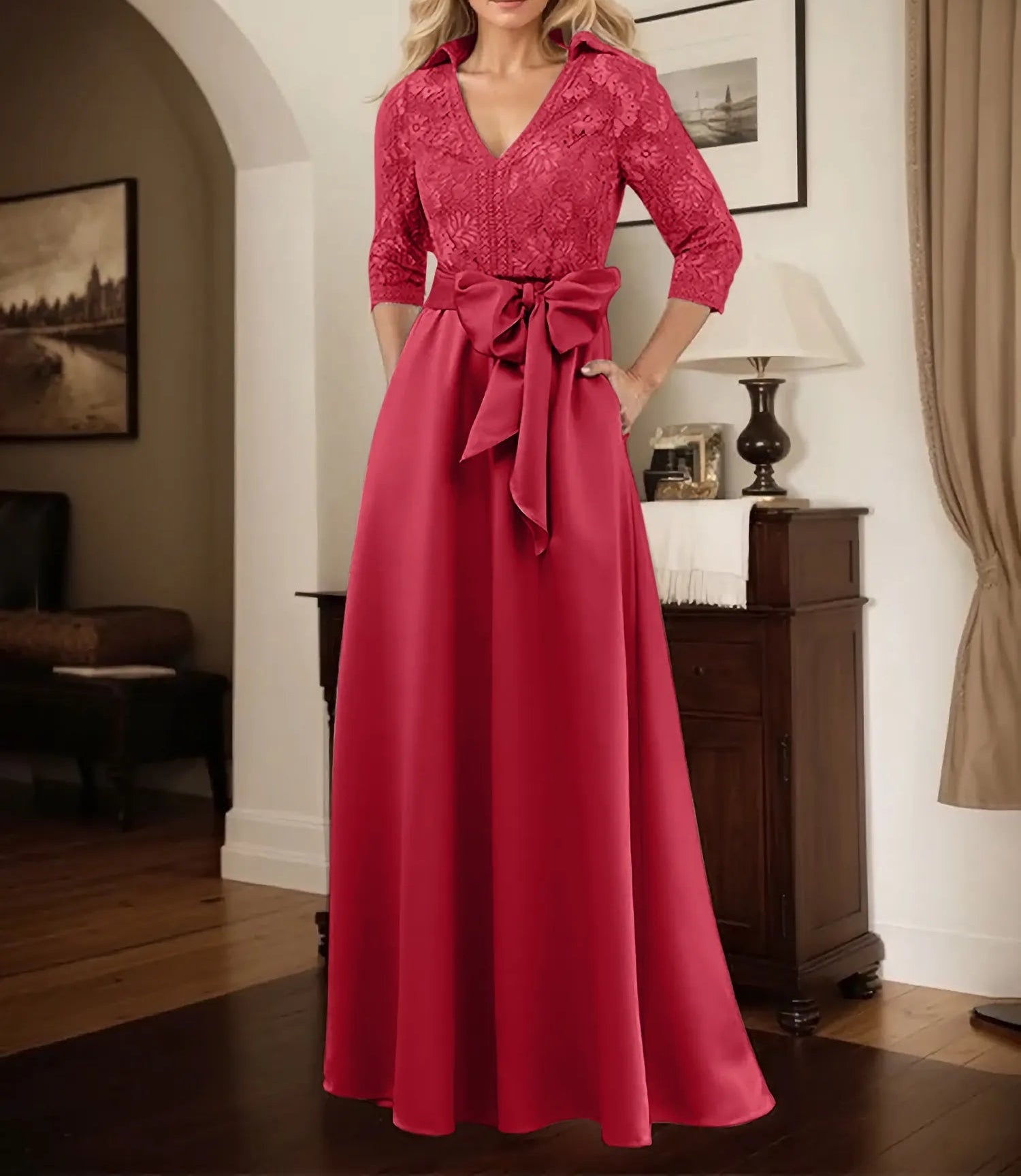 Classic V-Neck Bow Accented Satin Mother Of The Bride Dress With Lace