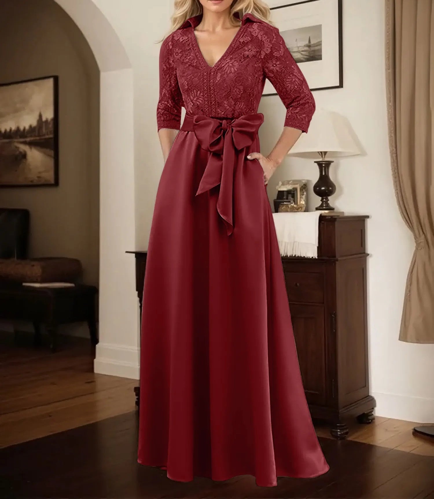Classic V-Neck Bow Accented Satin Mother Of The Bride Dress With Lace