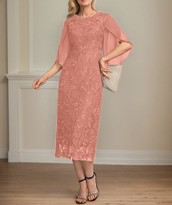 Sheath/Column Scoop Tea-Length Lace Chiffon Mother of the Bride Dress