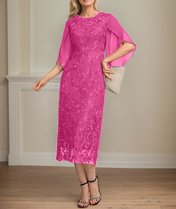 Sheath/Column Scoop Tea-Length Lace Chiffon Mother of the Bride Dress