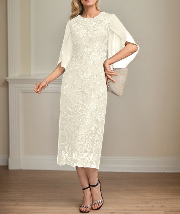Sheath/Column Scoop Tea-Length Lace Chiffon Mother of the Bride Dress