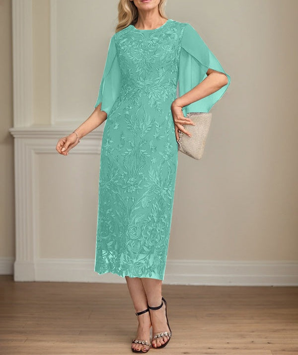 Sheath/Column Scoop Tea-Length Lace Chiffon Mother of the Bride Dress