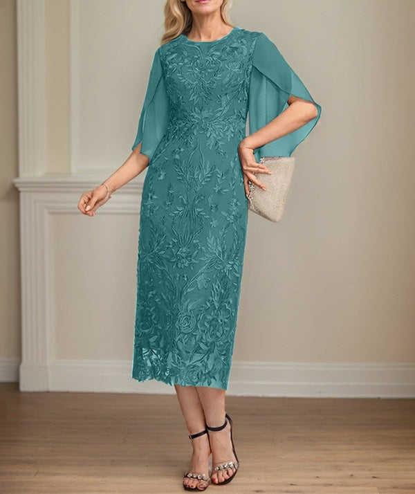 Sheath/Column Scoop Tea-Length Lace Chiffon Mother of the Bride Dress
