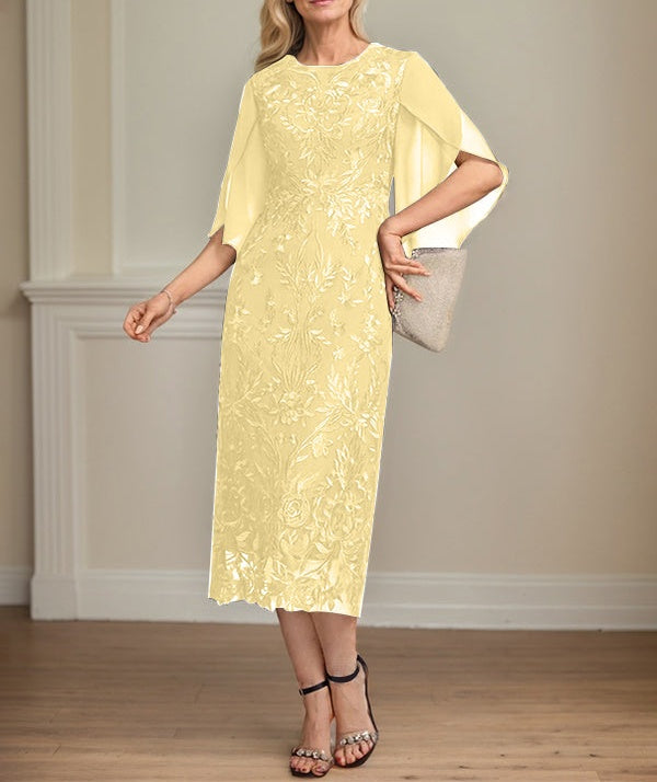 Sheath/Column Scoop Tea-Length Lace Chiffon Mother of the Bride Dress