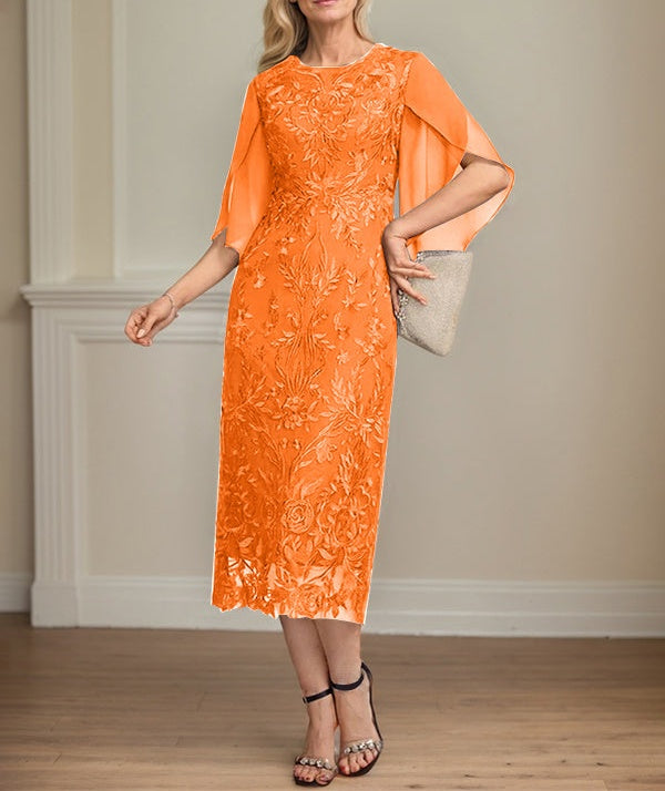 Sheath/Column Scoop Tea-Length Lace Chiffon Mother of the Bride Dress