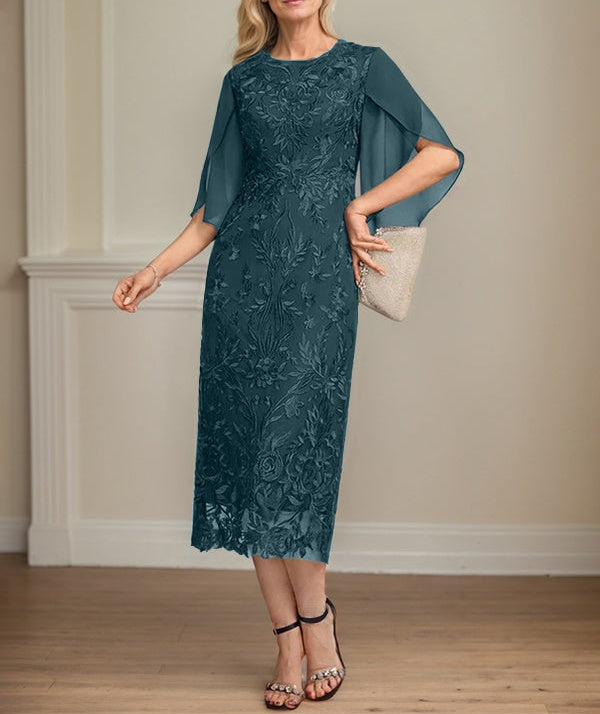 Sheath/Column Scoop Tea-Length Lace Chiffon Mother of the Bride Dress