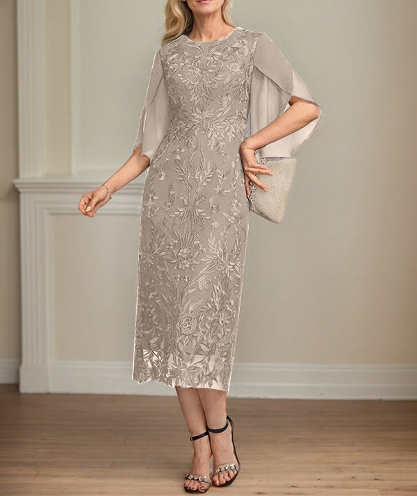 Sheath/Column Scoop Tea-Length Lace Chiffon Mother of the Bride Dress