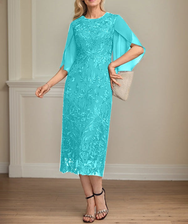 Sheath/Column Scoop Tea-Length Lace Chiffon Mother of the Bride Dress