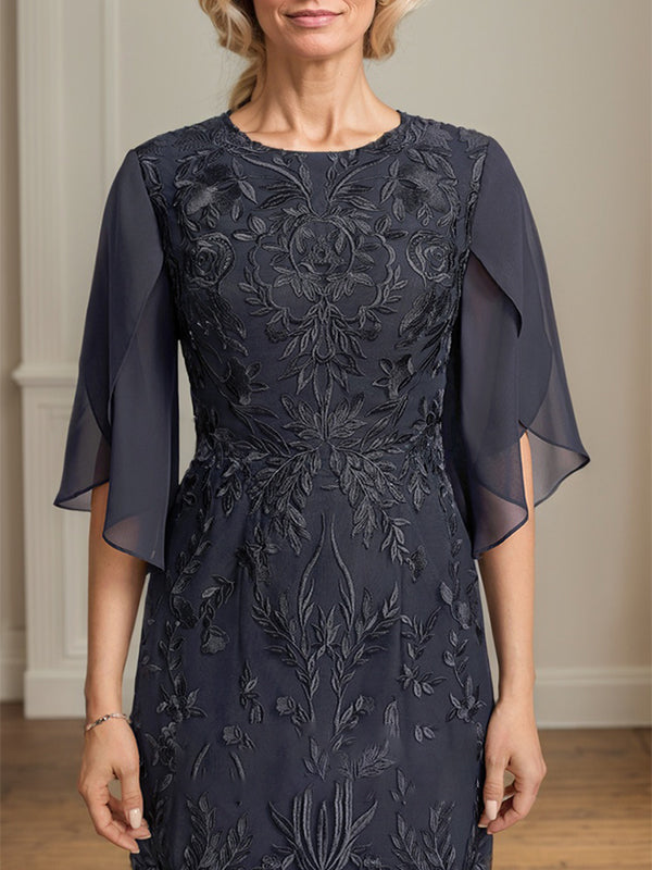 Sheath/Column Scoop Tea-Length Lace Chiffon Mother of the Bride Dress