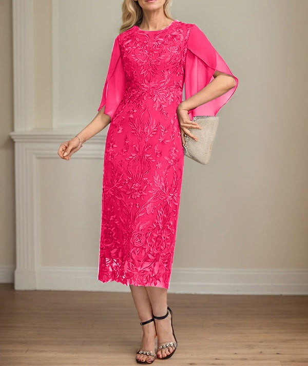 Sheath/Column Scoop Tea-Length Lace Chiffon Mother of the Bride Dress