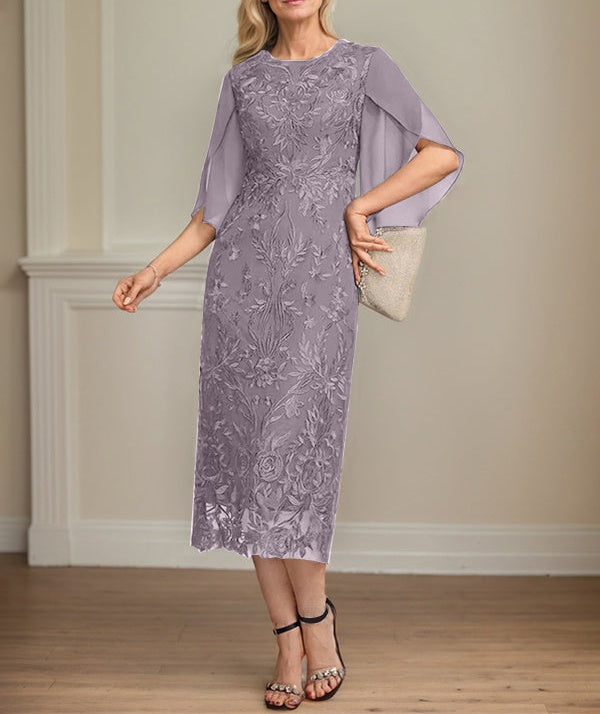 Sheath/Column Scoop Tea-Length Lace Chiffon Mother of the Bride Dress