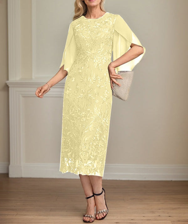 Sheath/Column Scoop Tea-Length Lace Chiffon Mother of the Bride Dress
