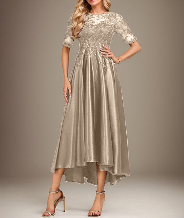 A-line Scoop Illusion Asymmetrical Stretch Satin Lace Mother of the Bride Dress With Sequins