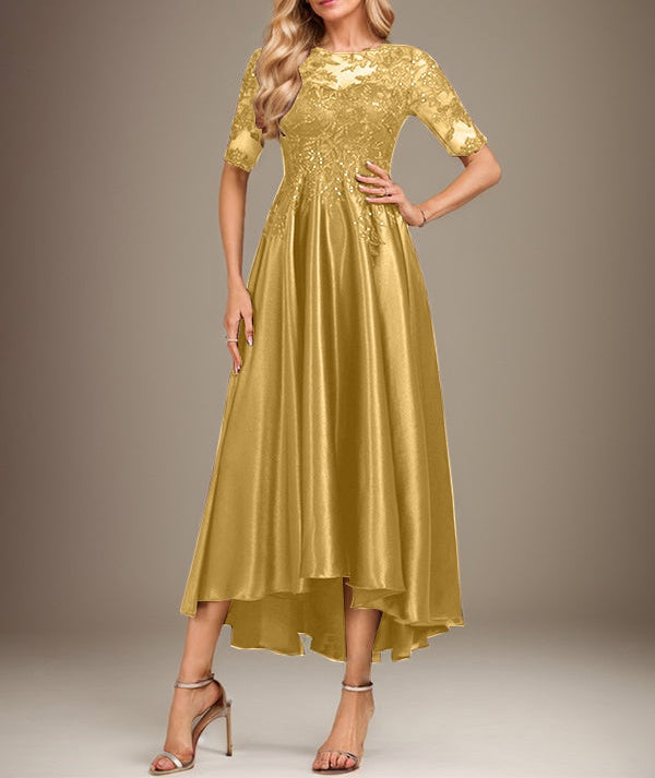 A-line Scoop Illusion Asymmetrical Stretch Satin Lace Mother of the Bride Dress With Sequins