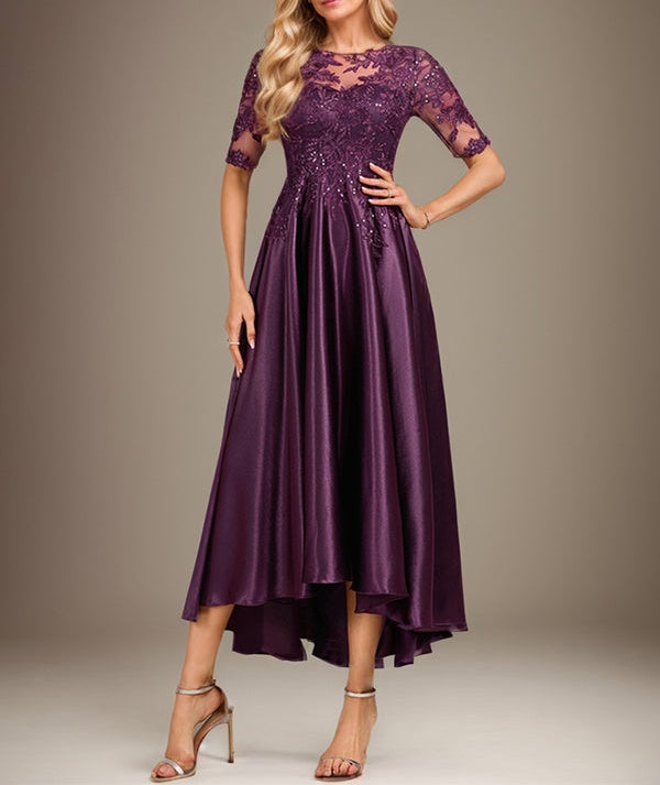 A-line Scoop Illusion Asymmetrical Stretch Satin Lace Mother of the Bride Dress With Sequins