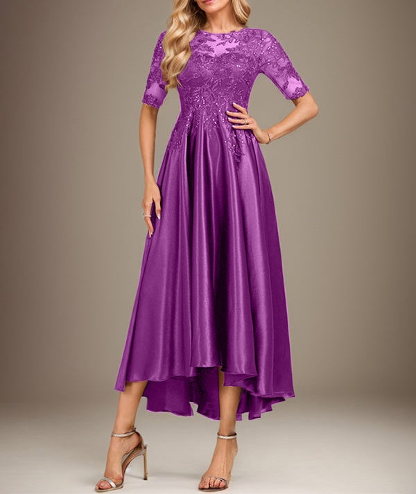 A-line Scoop Illusion Asymmetrical Stretch Satin Lace Mother of the Bride Dress With Sequins