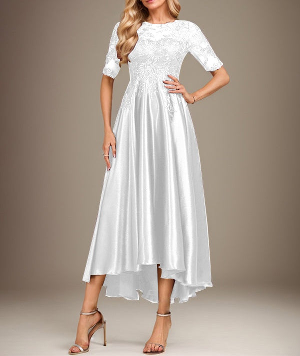 A-line Scoop Illusion Asymmetrical Stretch Satin Lace Mother of the Bride Dress With Sequins