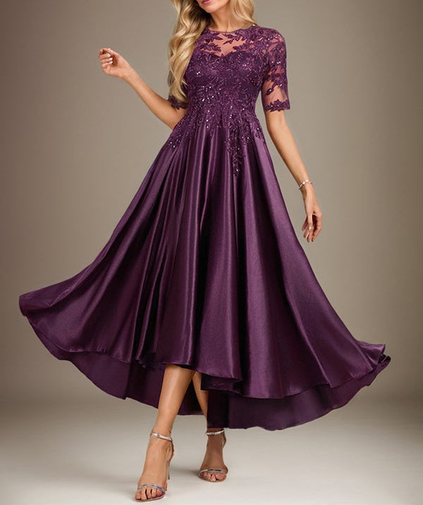 A-line Scoop Illusion Asymmetrical Stretch Satin Lace Mother of the Bride Dress With Sequins