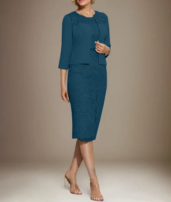 Sheath/Column Scoop Knee-Length Chiffon Lace Mother of the Bride Dress With Beading