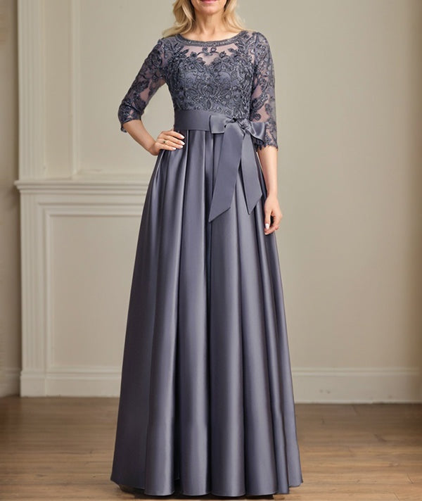 A-line Scoop Illusion Floor-Length Satin Lace Mother of the Bride Dress With Sequins Bow