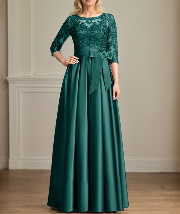 A-line Scoop Illusion Floor-Length Satin Lace Mother of the Bride Dress With Sequins Bow