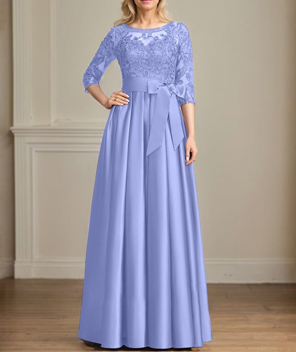 A-line Scoop Illusion Floor-Length Satin Lace Mother of the Bride Dress With Sequins Bow
