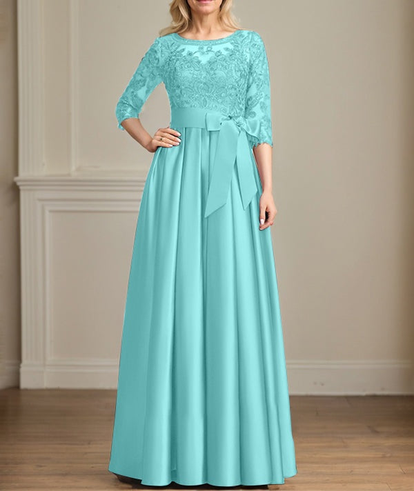 A-line Scoop Illusion Floor-Length Satin Lace Mother of the Bride Dress With Sequins Bow