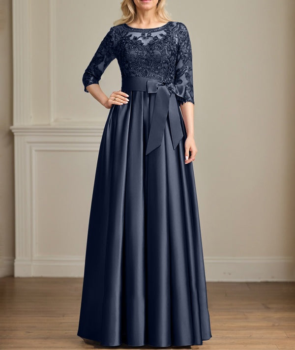 A-line Scoop Illusion Floor-Length Satin Lace Mother of the Bride Dress With Sequins Bow