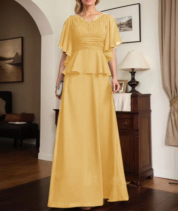A-line V-Neck Floor-Length Chiffon Mother of the Bride Dress With Pleated Beading