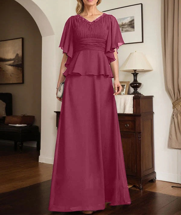 A-line V-Neck Floor-Length Chiffon Mother of the Bride Dress With Pleated Beading