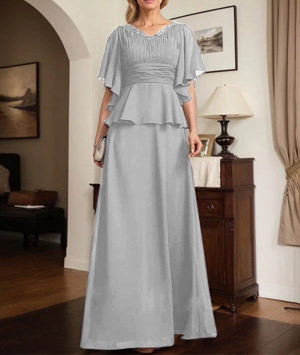 A-line V-Neck Floor-Length Chiffon Mother of the Bride Dress With Pleated Beading