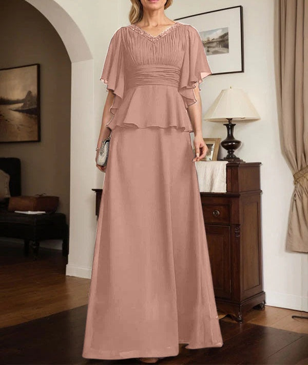 A-line V-Neck Floor-Length Chiffon Mother of the Bride Dress With Pleated Beading