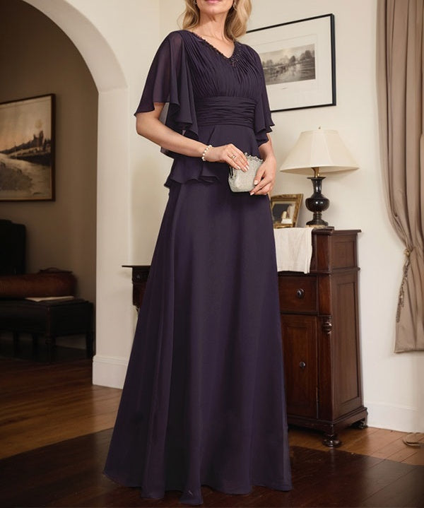 A-line V-Neck Floor-Length Chiffon Mother of the Bride Dress With Pleated Beading