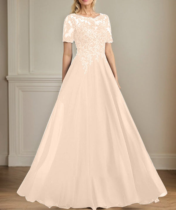 A-line Scoop Illusion Floor-Length Chiffon Lace Mother of the Bride Dress With Sequins Beading