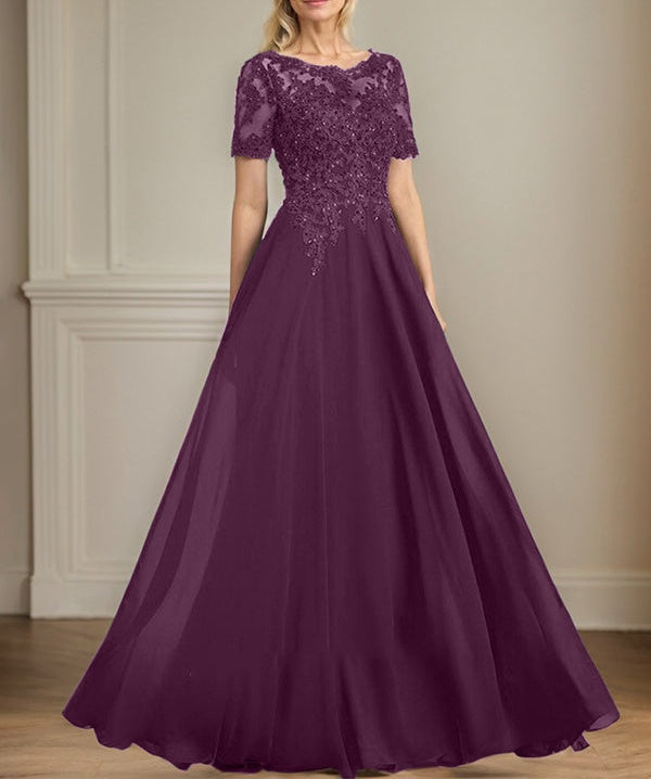 A-line Scoop Illusion Floor-Length Chiffon Lace Mother of the Bride Dress With Sequins Beading