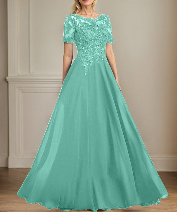 A-line Scoop Illusion Floor-Length Chiffon Lace Mother of the Bride Dress With Sequins Beading