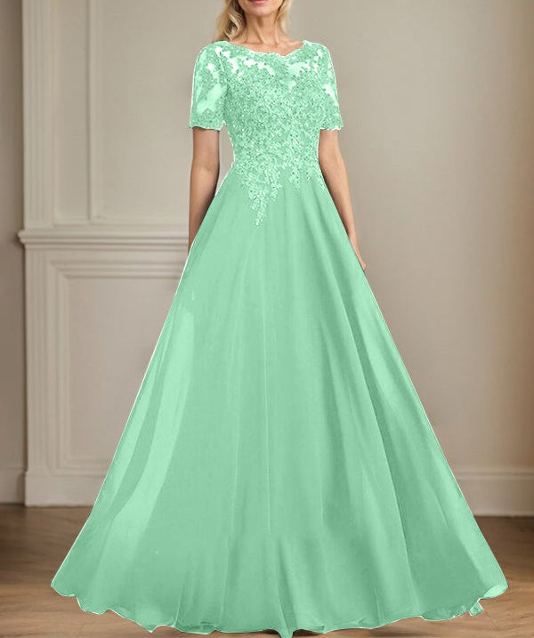 A-line Scoop Illusion Floor-Length Chiffon Lace Mother of the Bride Dress With Sequins Beading