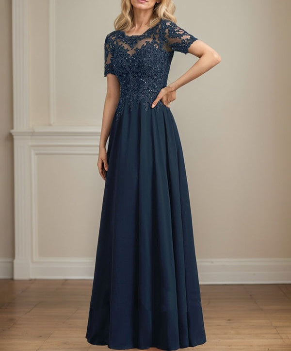 A-line Scoop Illusion Floor-Length Chiffon Lace Mother of the Bride Dress With Sequins Beading