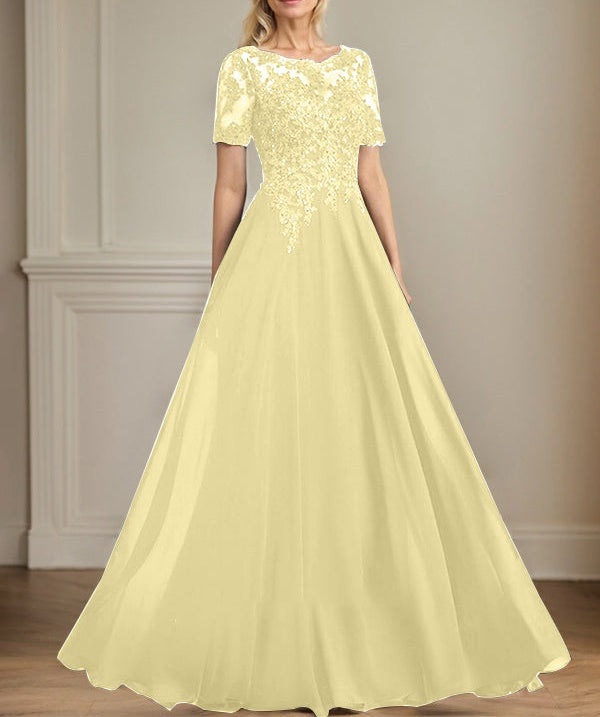 A-line Scoop Illusion Floor-Length Chiffon Lace Mother of the Bride Dress With Sequins Beading