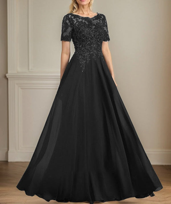 A-line Scoop Illusion Floor-Length Chiffon Lace Mother of the Bride Dress With Sequins Beading