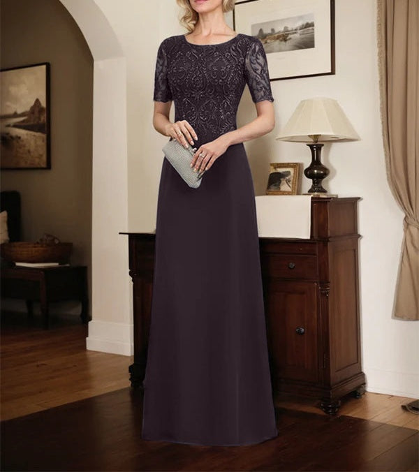 A-line Scoop Floor-Length Lace Chiffon Mother of the Bride Dress With Sequins