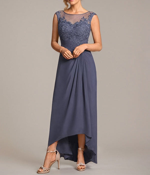A-line Scoop Illusion Asymmetrical Chiffon Lace Mother of the Bride Dress With Pleated Beading